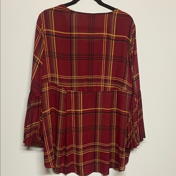 Susan Graver Burgundy Plaid Pleated sleeves chiffon blouse Size 18W - Picture 2 of 9
